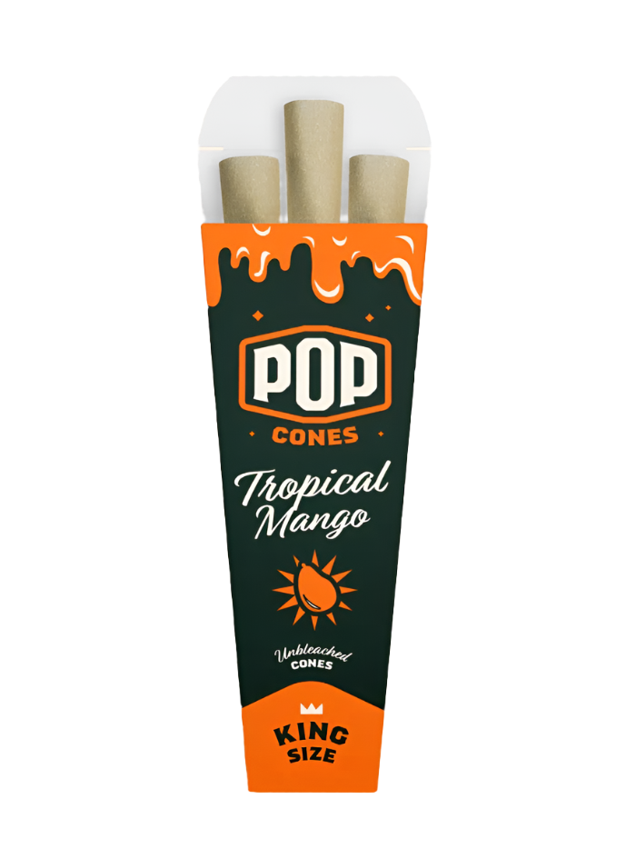 Packaging for Tropical Mango flavoured Pop Cones with three cones visible, against an orange and black background with sun graphics.