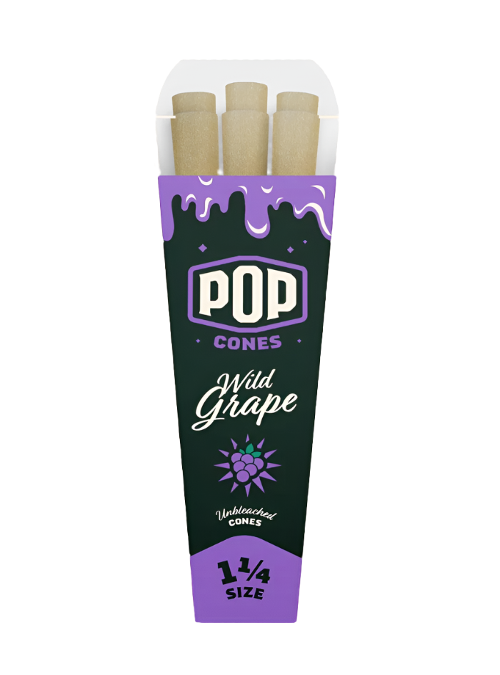 This image features a package of "Wild Grape – Unbleached 1 1/4 - Pop Cones". The packaging is vibrant with a dark purple background and bold white and green text.