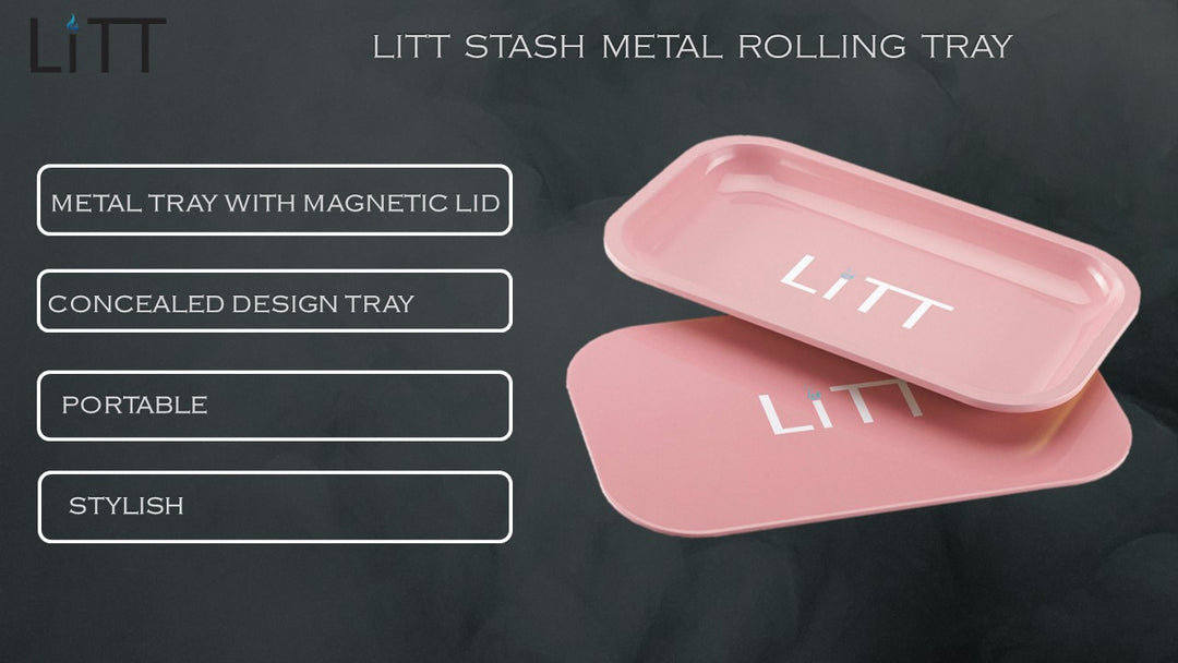 Litt Stash Metal Rolling Tray with magnetic lid - Large (PINK)