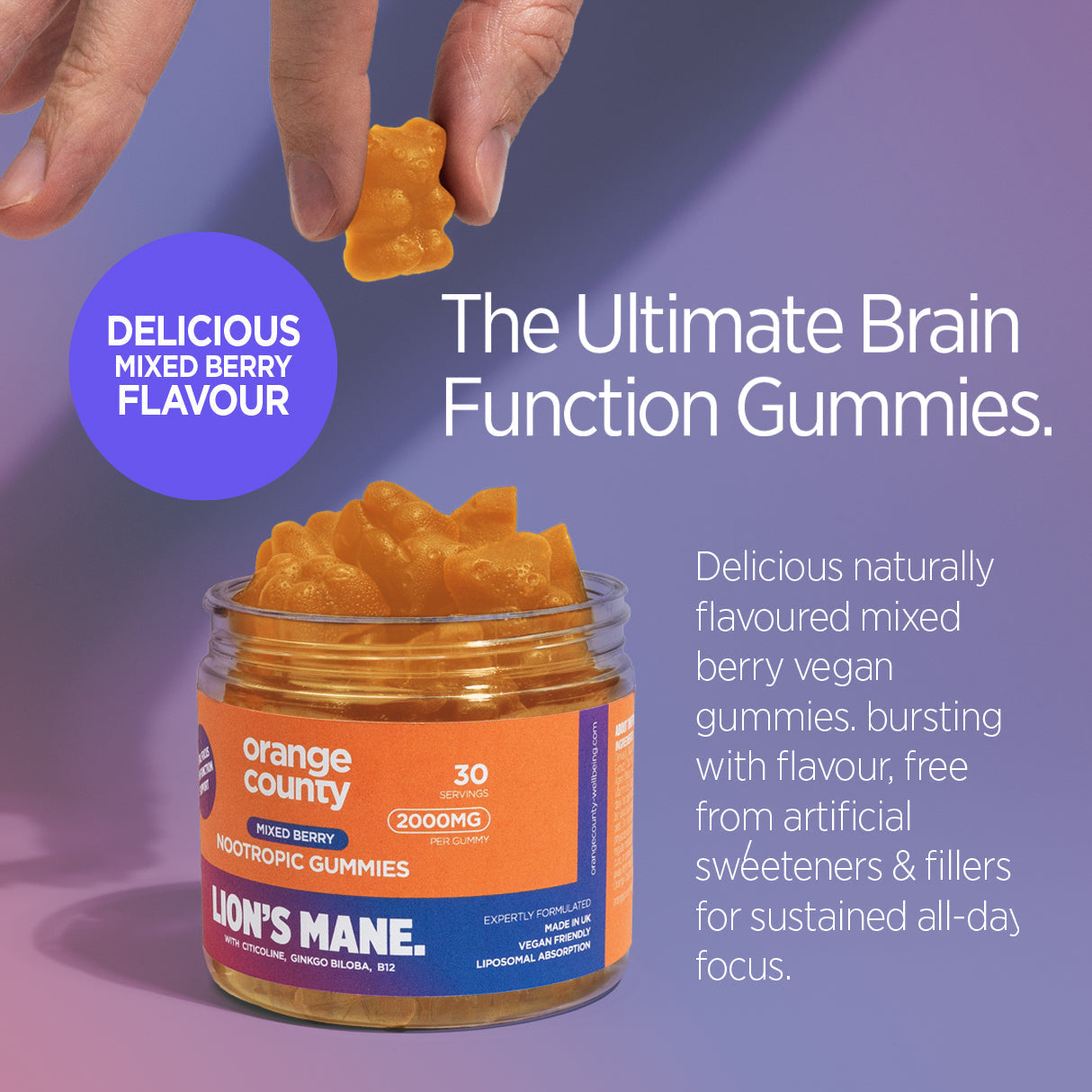 Lions Mane Cognitive Boost Gummies: 2000mg (Serving) Mixed Berry Flavour | 30 Servings | Orange County
