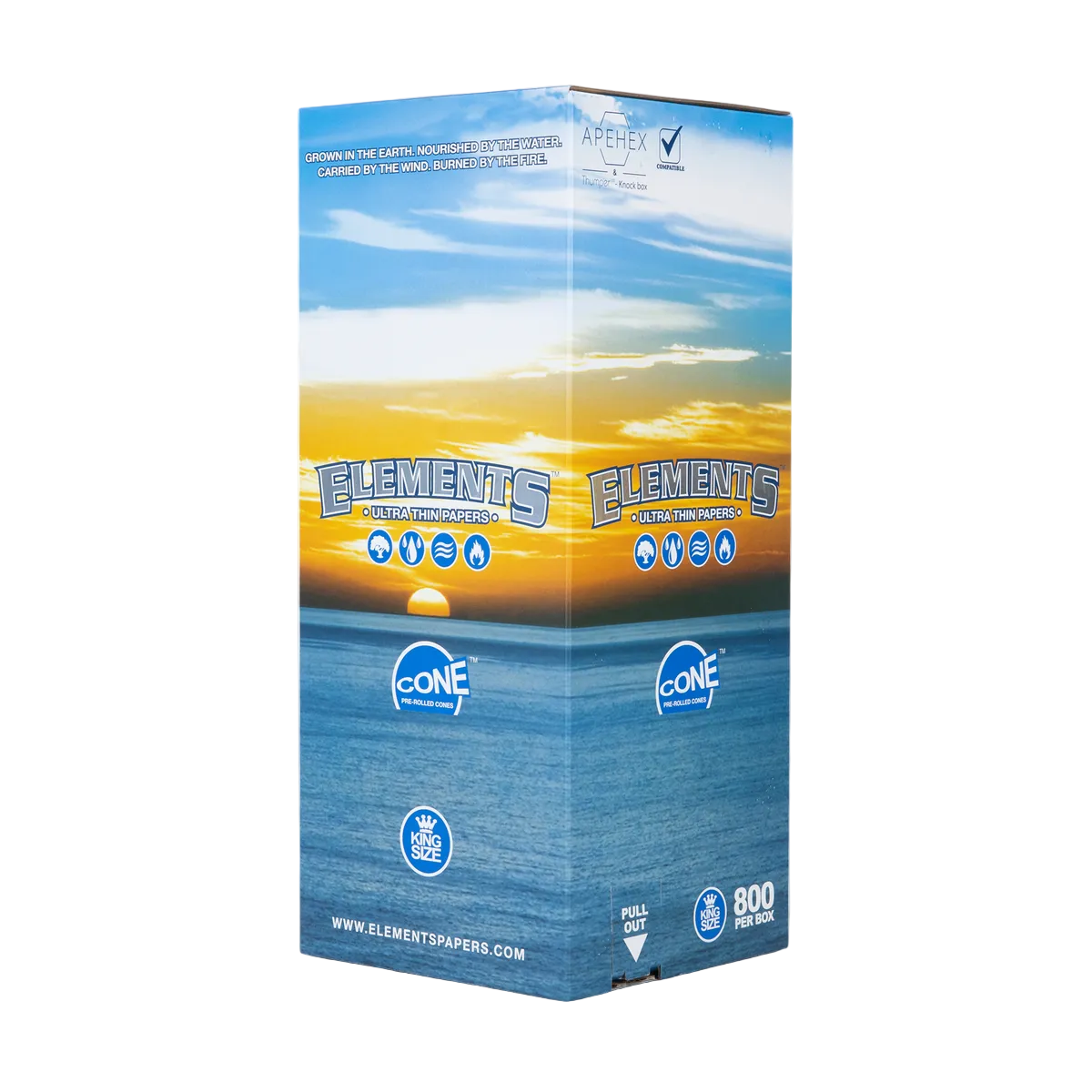A tall rectangular product box standing upright on a white background with soft gray shadows. The box design shows a blue sky and ocean sunset scene, with large text reading 'ELEMENTS' and smaller text including 'Rice Paper' and '800 Per Box'.