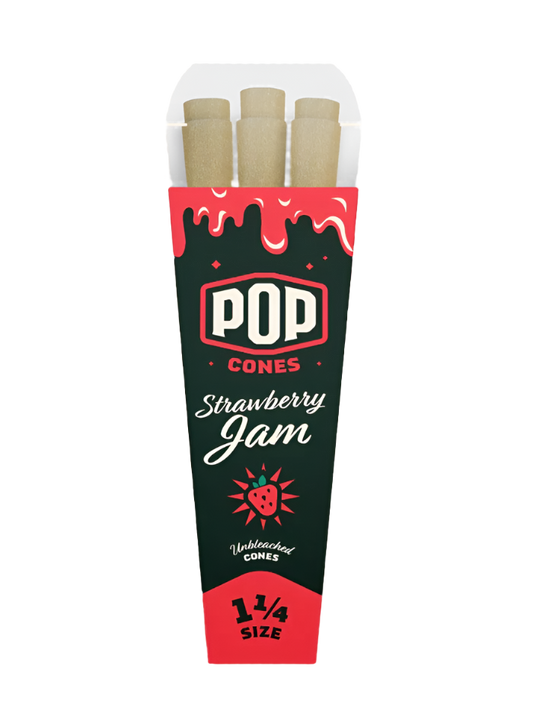This image features a product packaging for "Strawberry Jam – Unbleached 1 1/4 - Pop Cones," which are cones designed for use with a popper. The packaging is striking with its bold, vibrant design, predominantly black and red, reminiscent of classic strawberry jam packaging.