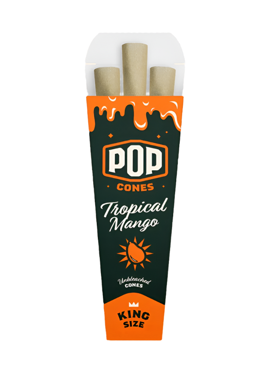 Packaging for Tropical Mango flavoured Pop Cones with three cones visible, against an orange and black background with sun graphics.