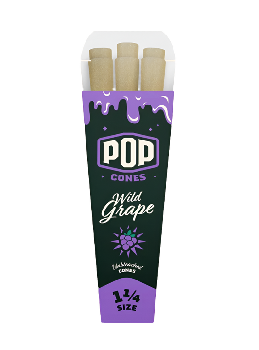 This image features a package of "Wild Grape – Unbleached 1 1/4 - Pop Cones". The packaging is vibrant with a dark purple background and bold white and green text.