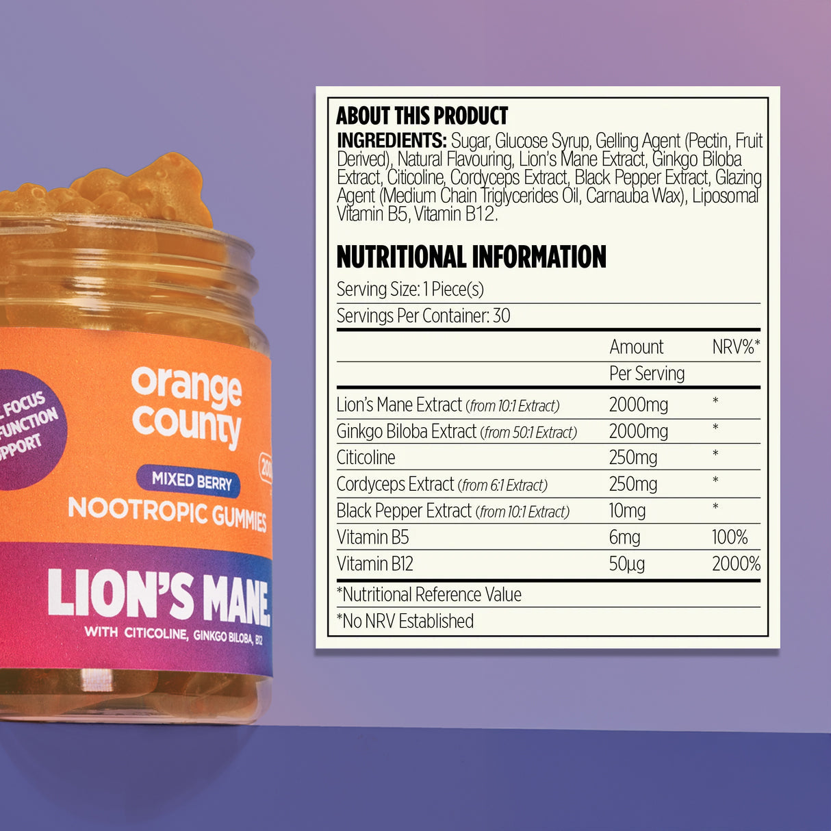 Lions Mane Cognitive Boost Gummies: 2000mg (Serving) Mixed Berry Flavour | 30 Servings | Orange County