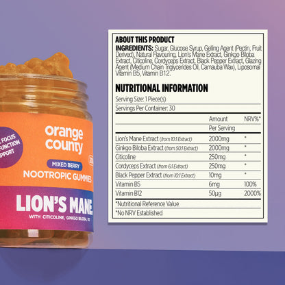 Lions Mane Cognitive Boost Gummies: 2000mg (Serving) Mixed Berry Flavour | 30 Servings | Orange County